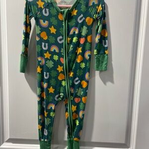 Little Sleepies Green Footie with Rainbow and Clover Design